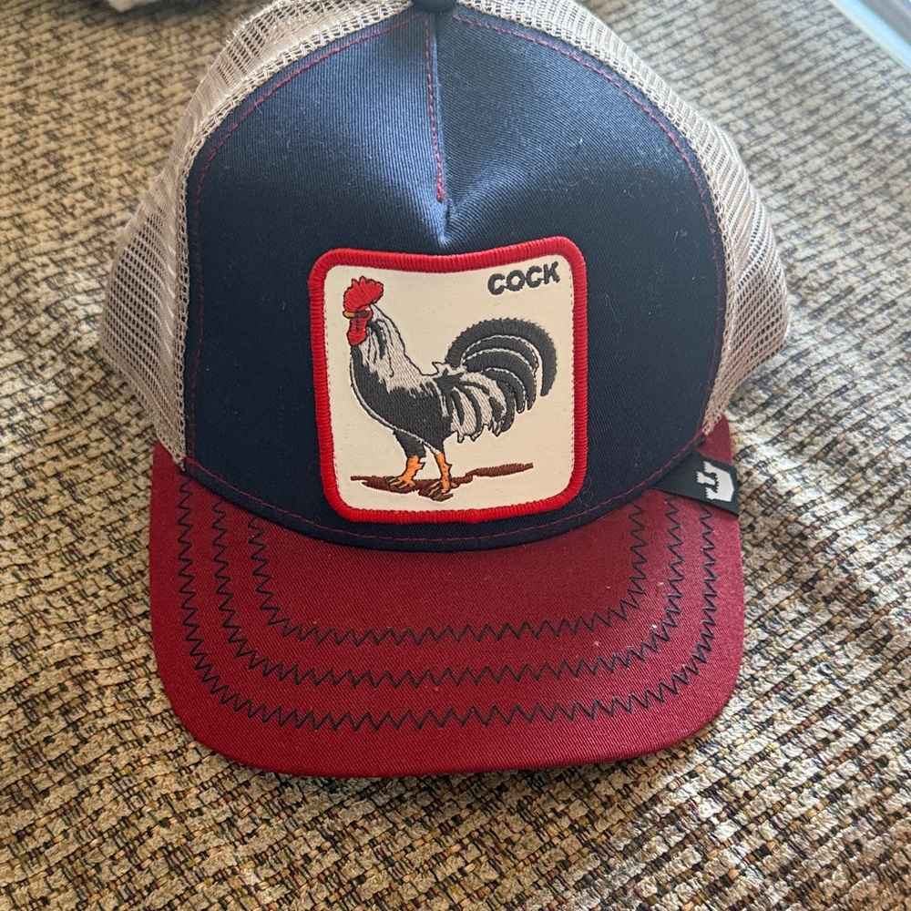 Goorin Bros Navy and Burgundy Trucker Hat with Rooster Patch